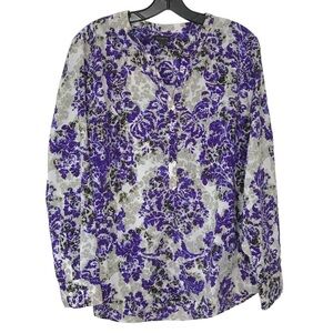 Talbots Floral Popover Blouse Top Purple Gray Split V Neck Womens Large